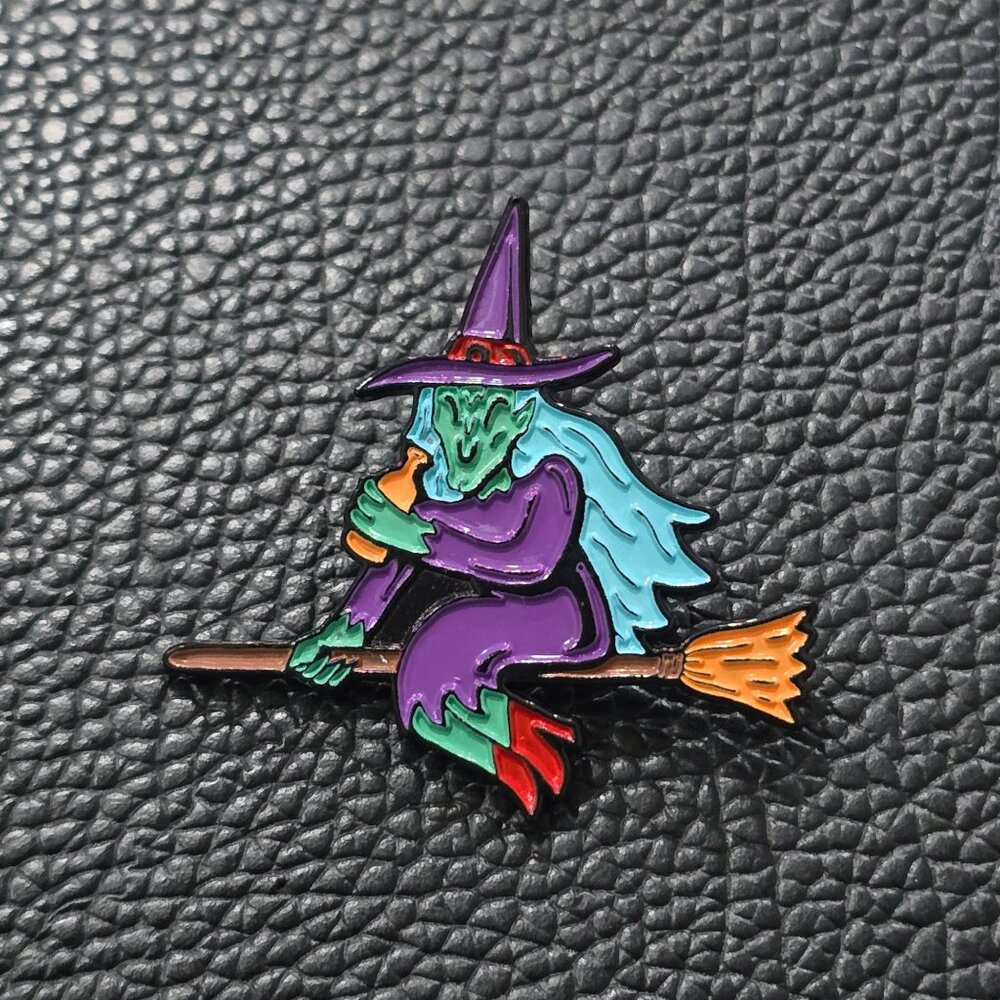 Killstar โฆ Blockula Enamel Pin โฆ Occult Cute Witch Broomstick Graphic OS